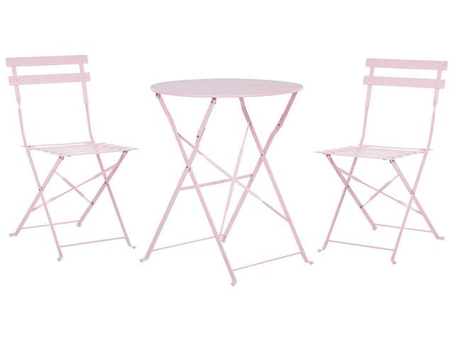 3 Piece Bistro Set Pastel Pink Metal Folding Slatted Seat Back Outdoor Beliani