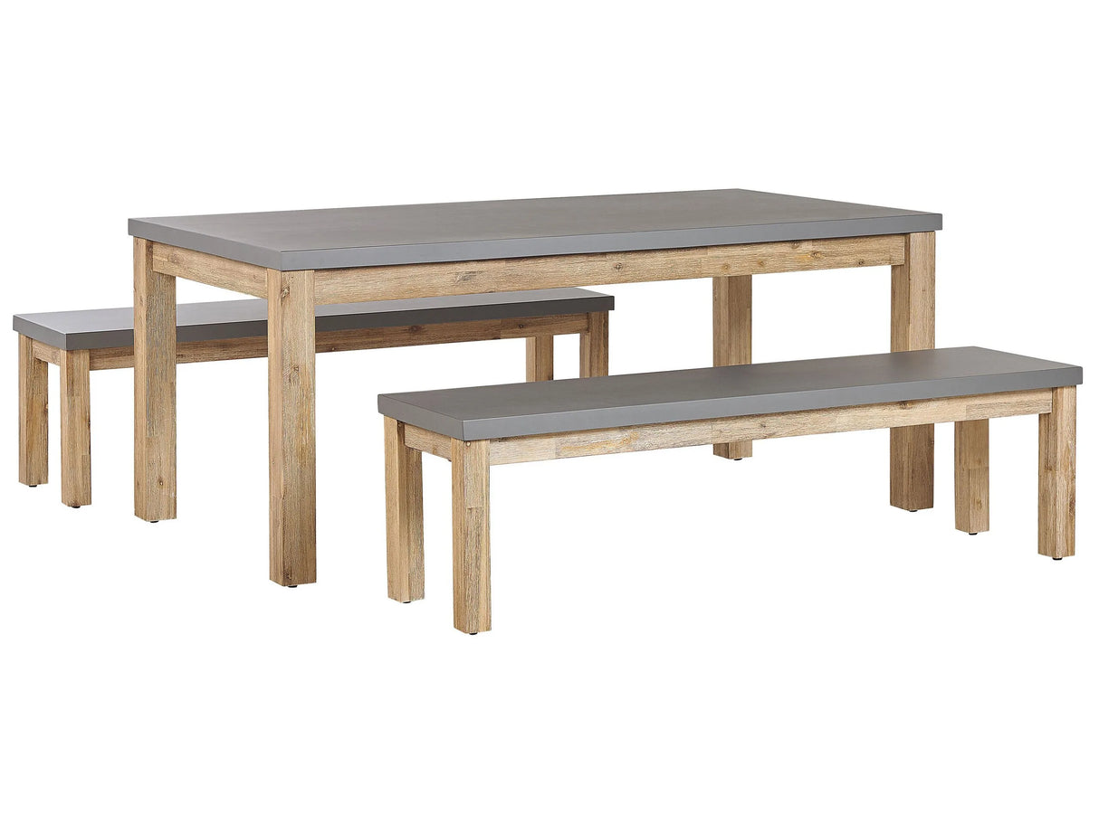 Outdoor Dining Set Grey Fibre Cement Light Acacia Wood 6 Seater Table 2 Benches Modern Industrial Design Beliani