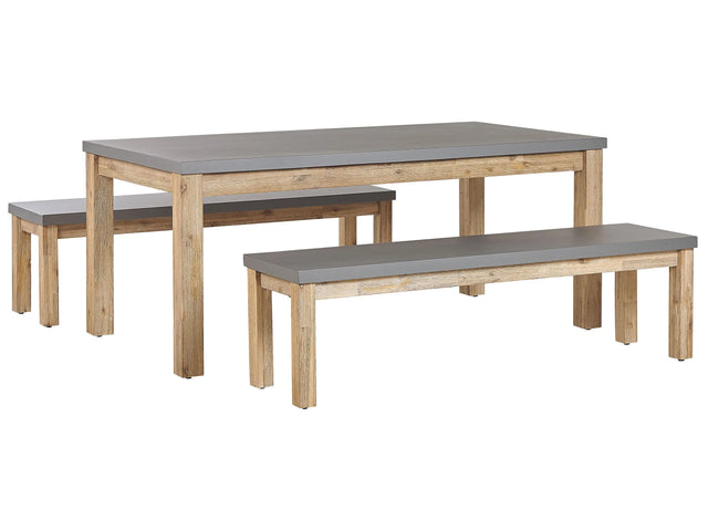 Outdoor Dining Set Grey Fibre Cement Light Acacia Wood 6 Seater Table 2 Benches Modern Industrial Design Beliani