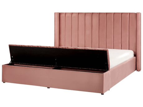 EU Super King Size Panel Bed Pink Velvet 6ft Slatted Base High Headrest with Storage Bench Beliani