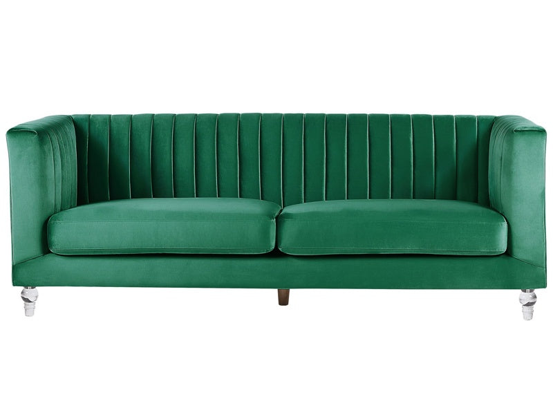 Sofa Green 3 Seater Velvet Tuxedo Style Quilting Beliani