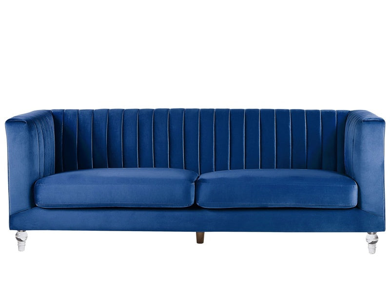 Sofa Blue 3 Seater Velvet Tuxedo Style Quilting Beliani