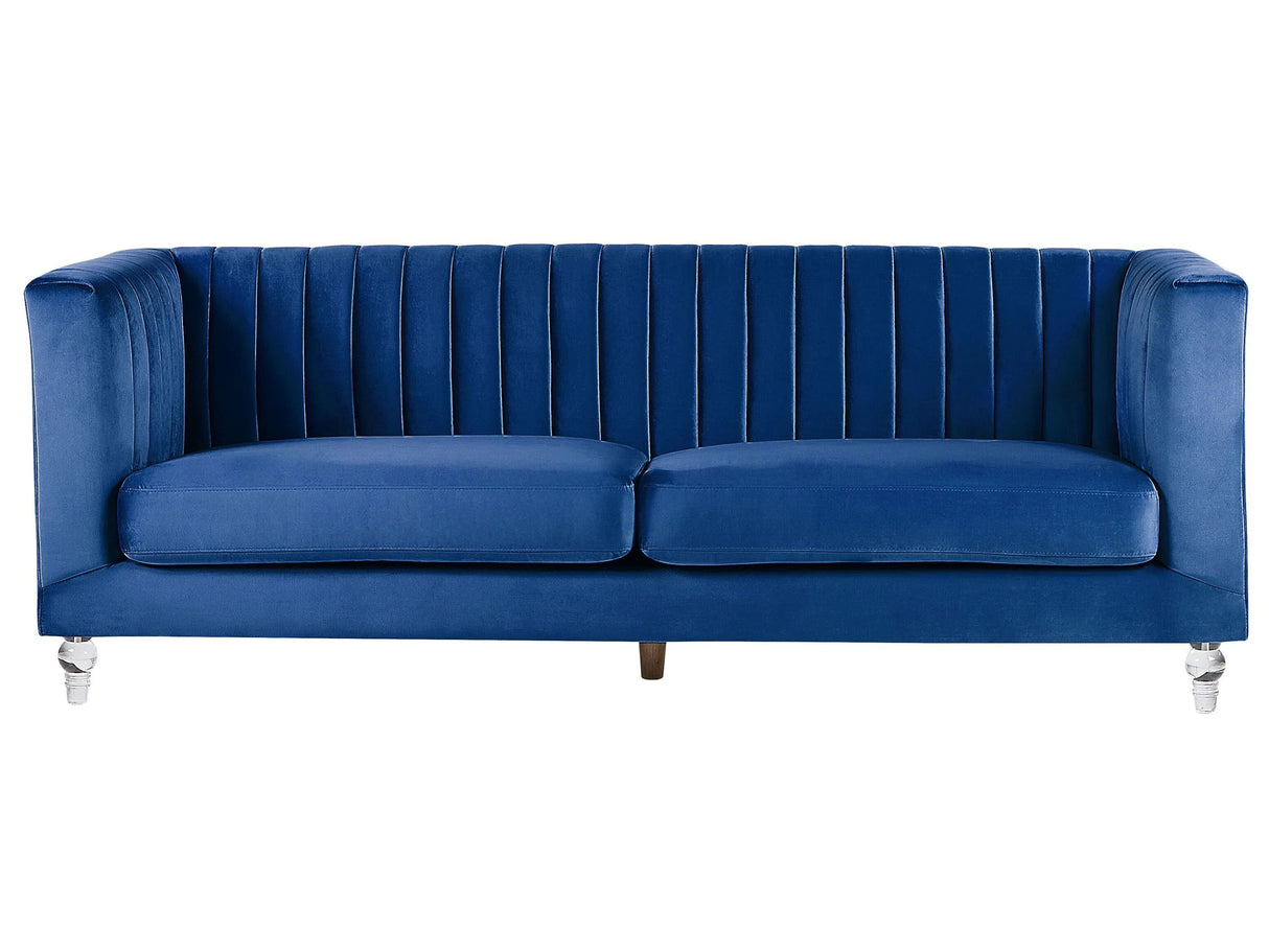 Sofa Blue 3 Seater Velvet Tuxedo Style Quilting Beliani