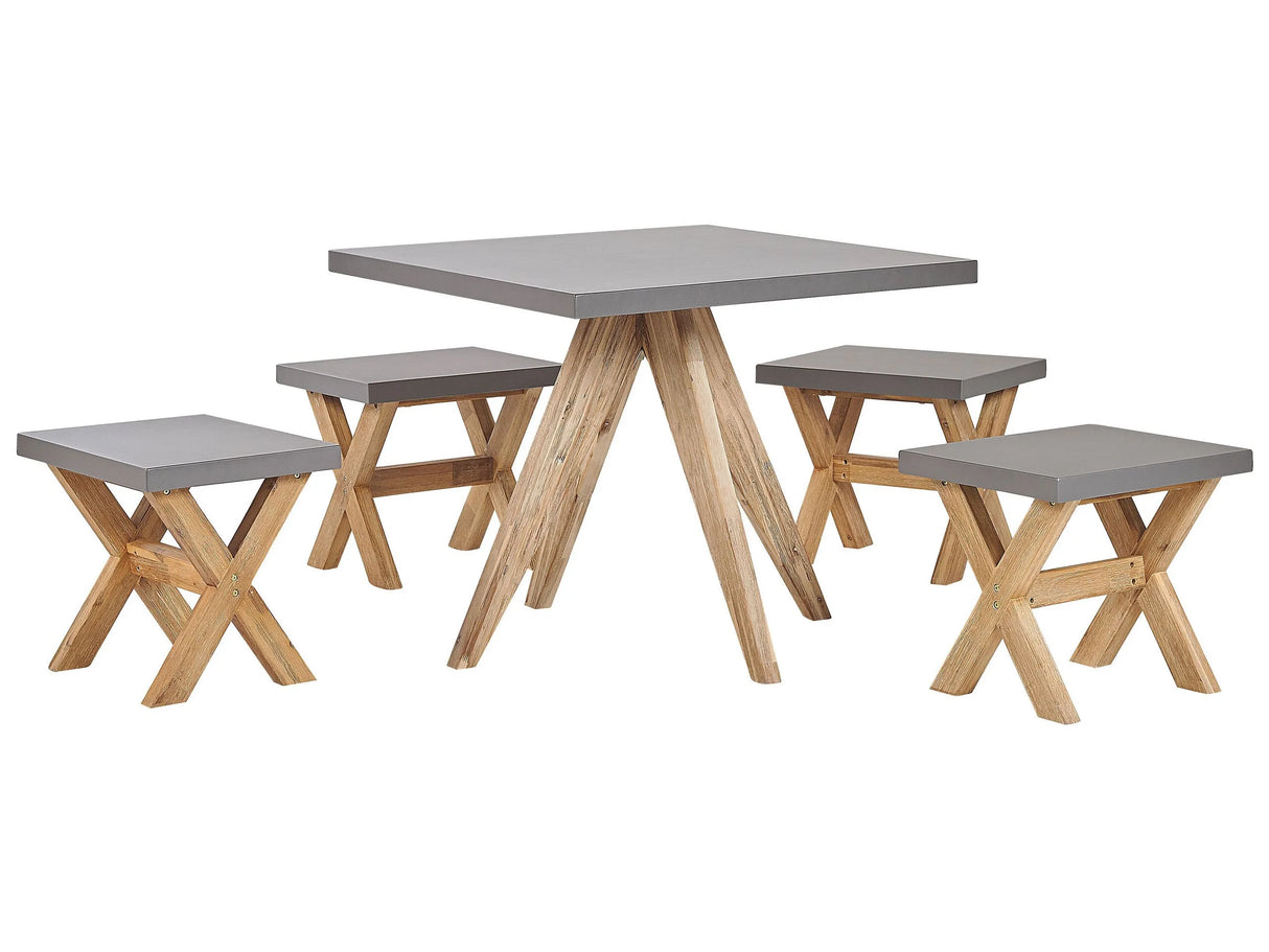 Outdoor Dining Set Grey Light Wood Fibre Cement For 4 Square People Table with Stools Modern Design Beliani