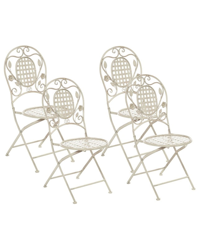 Set of 4 Garden Chairs Off-White Iron Foldable Distressed Metal Outdoor UV Rust Resistance French Retro Style Beliani