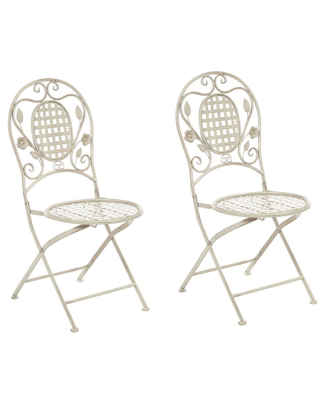 Set of 2 Garden Chairs Off-White Iron Foldable Distressed Metal Outdoor UV Rust Resistance French Retro Style Beliani