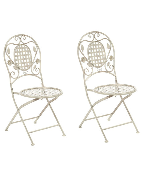 Set of 2 Garden Chairs Off-White Iron Foldable Distressed Metal Outdoor UV Rust Resistance French Retro Style Beliani