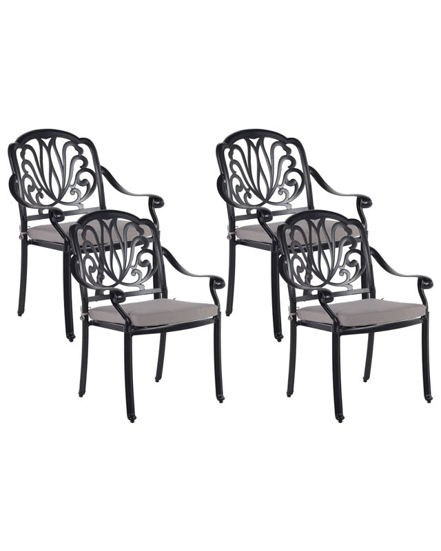 Set of 4 Garden Chairs Black Aluminium With Vintage Cushions Beliani