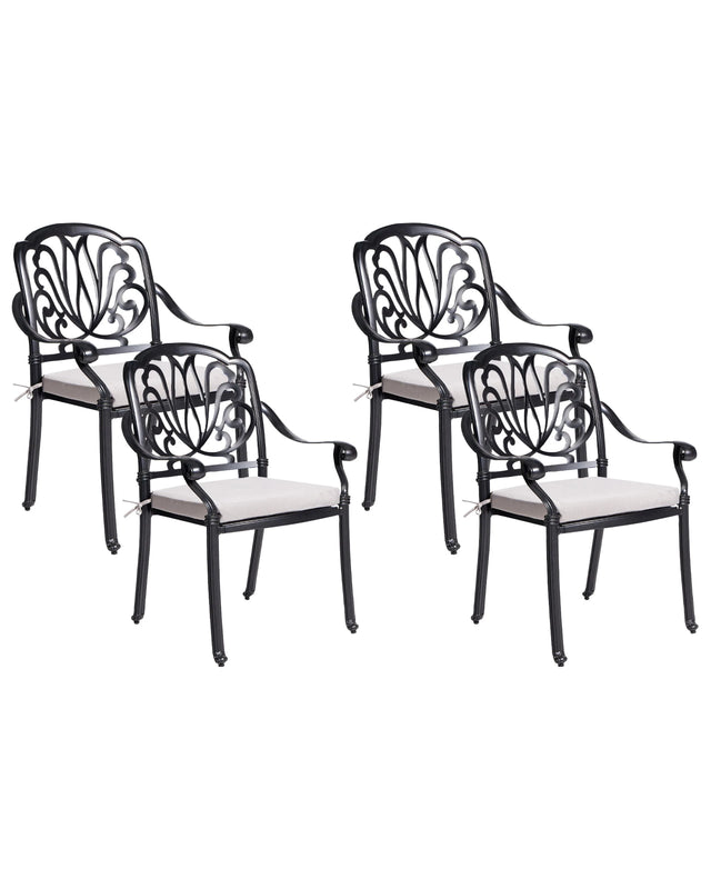 Set of 4 Garden Chairs Black Aluminium With Vintage Cushions Beliani