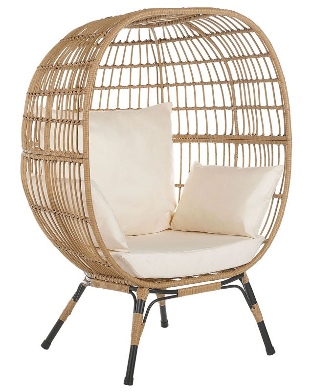 Basket Chair Rattan Natural Colour Black Iron Legs Beige Sitting Cushions High Backrest Leg Caps Boho Cocoon Garden Terrace Living Room Beliani