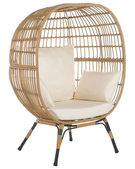 Basket Chair Rattan Natural Colour Black Iron Legs Beige Sitting Cushions High Backrest Leg Caps Boho Cocoon Garden Terrace Living Room Beliani