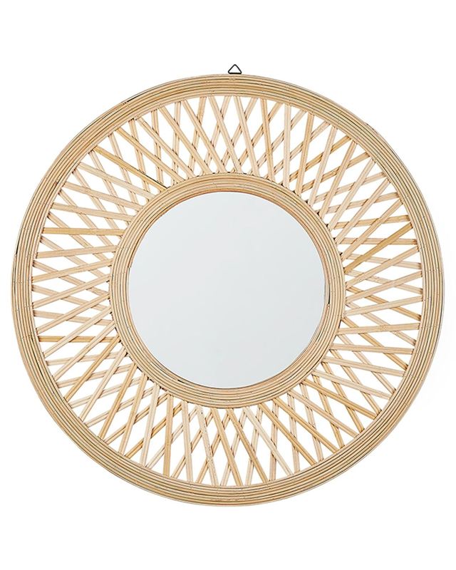 Wall Mirror Light Wood Bamboo Round 60 cm Handmade Frame White Geometric Diamond Pattern Boho Rustic Beliani