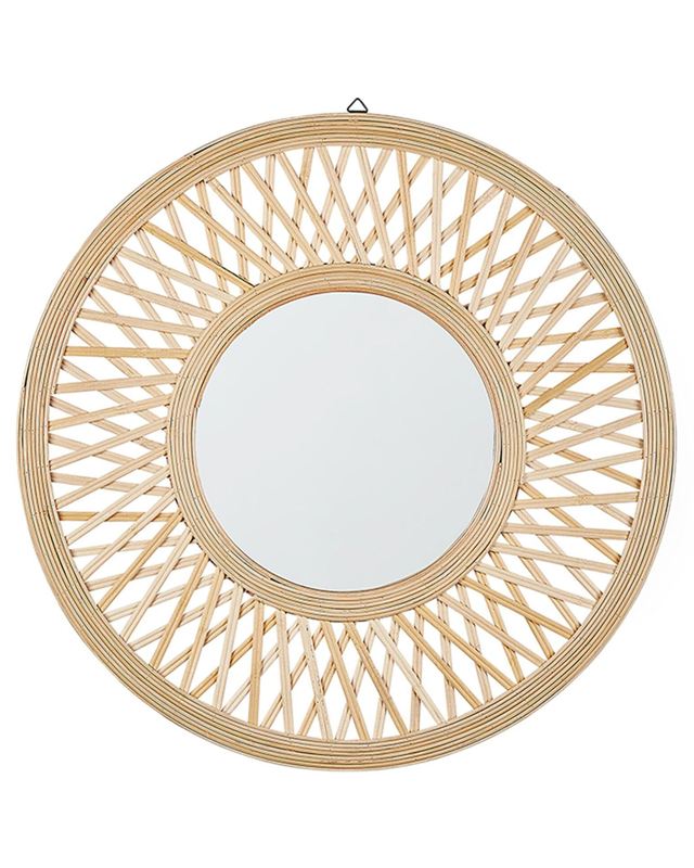 Wall Mirror Light Wood Bamboo Round 60 cm Handmade Frame White Geometric Diamond Pattern Boho Rustic Beliani