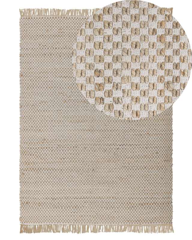 Area Rug Beige Jute and Cotton 140 x 200 cm Fringed Hand Woven Boho Hallway Bedroom Beliani