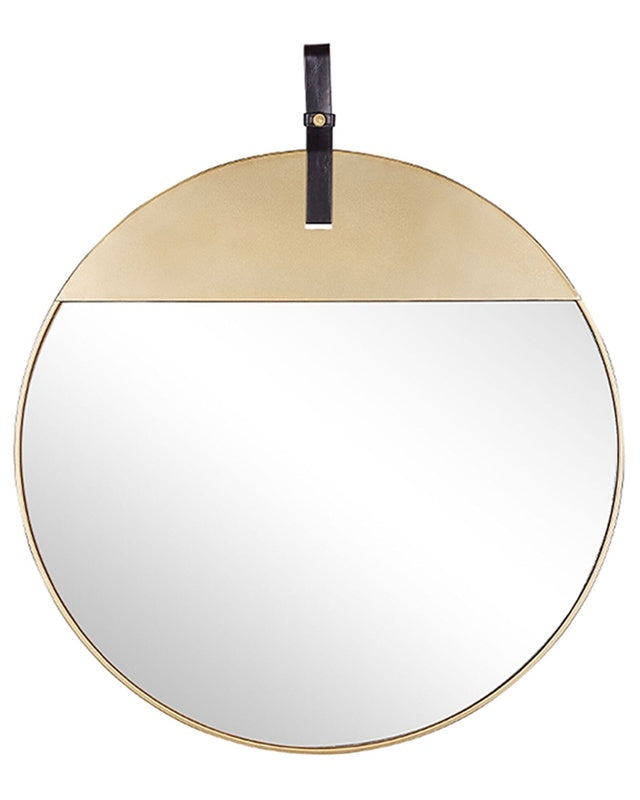 Wall Mirror Gold Metal Faux Leather Strap Round 60 cm Decorative Hanging Accent Piece Modern Glamour Beliani