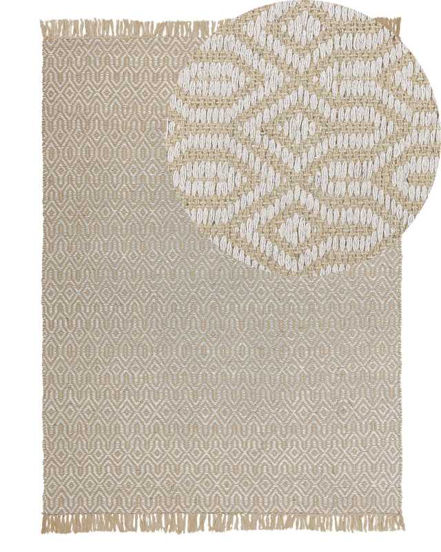 Area Rug Beige Jute and Cotton 140 x 200 cm Fringed Hand Woven Boho Living Room Bedroom Beliani