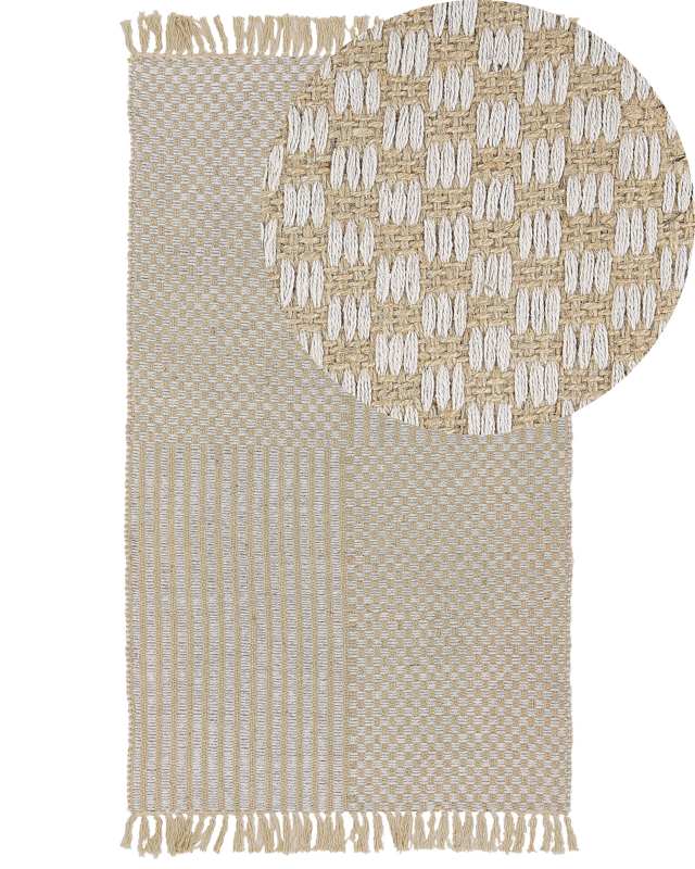 Area Rug Beige Jute and Cotton 80 x 150 cm Fringed Hand Woven Boho Hallway Bedroom Beliani