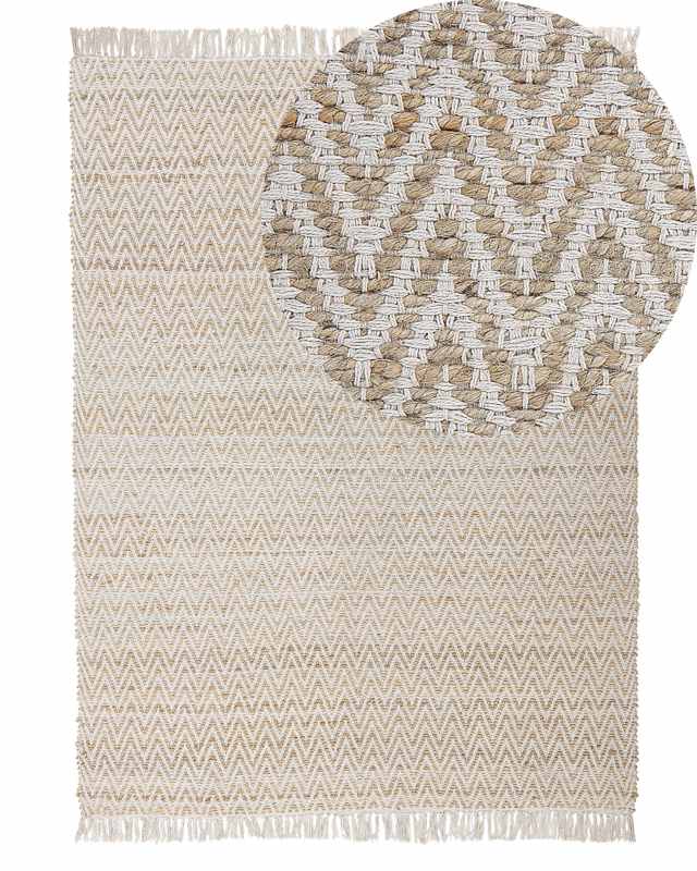 Area Rug Beige Jute and Cotton 140 x 200 cm Fringed Hand Woven Boho Living Room Bedroom Beliani