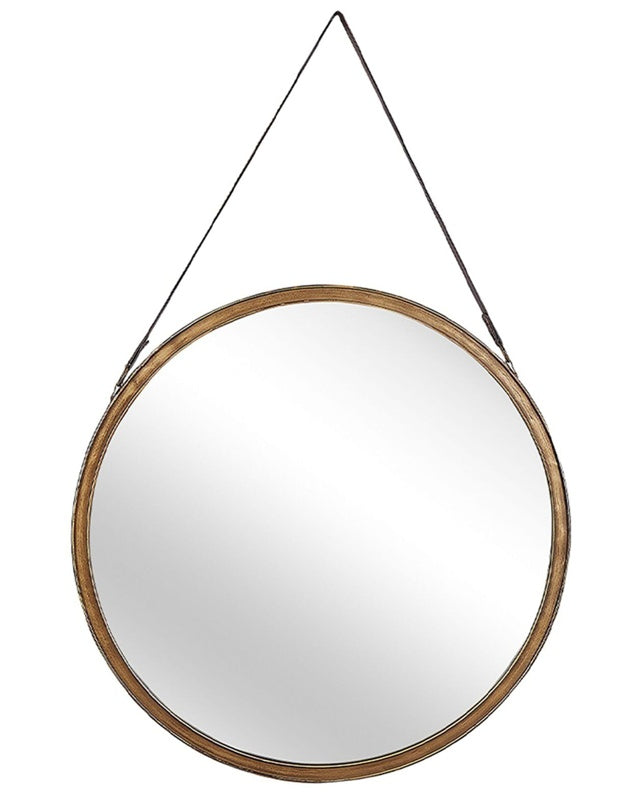 Wall Mirror Gold Distressed Metal Faux Leather Strap Round 60 cm Decorative Hanging Accent Piece Modern Beliani