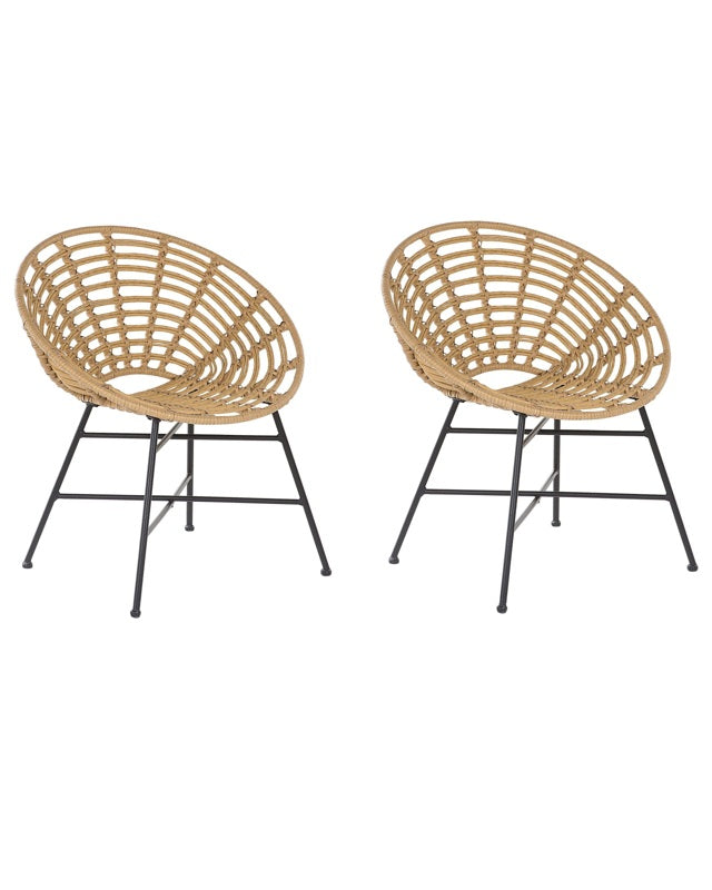 Set of 2 Garden Chairs Light Brown PE Rattan Metal Legs Round Shape Boho Beliani