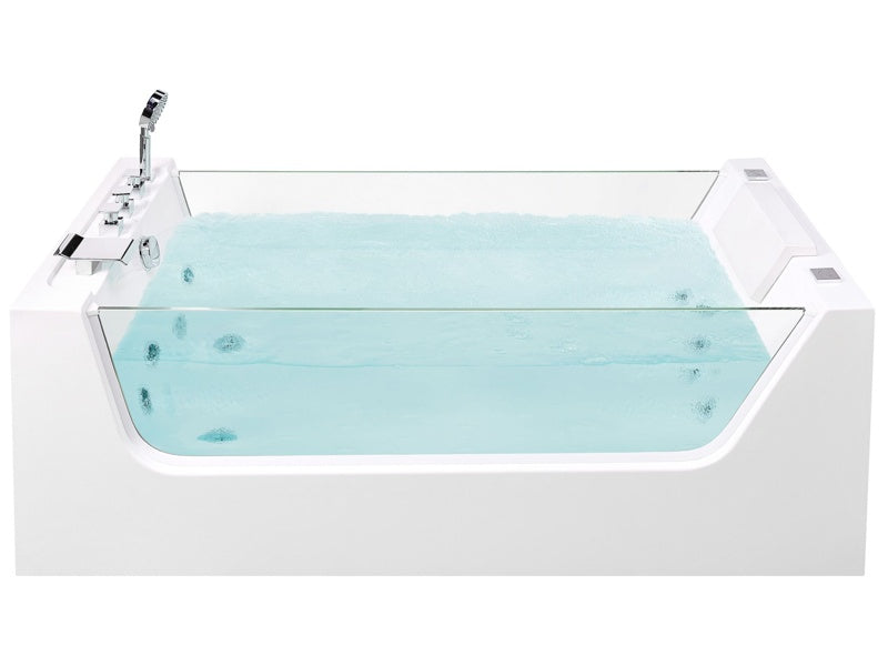 Whirlpool Hot Tub White Acrylic Freestanding Bath with Jets Glass Panels 170 x 80 cm Beliani