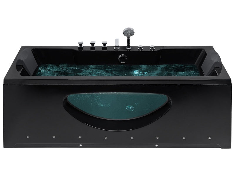 Whirlpool Bath Black Sanitary Acrylic Glass Transparent Front with LED Lights Headrests Massage Water Jets 180 x 80 cm Rectangular Hot Tub Beliani