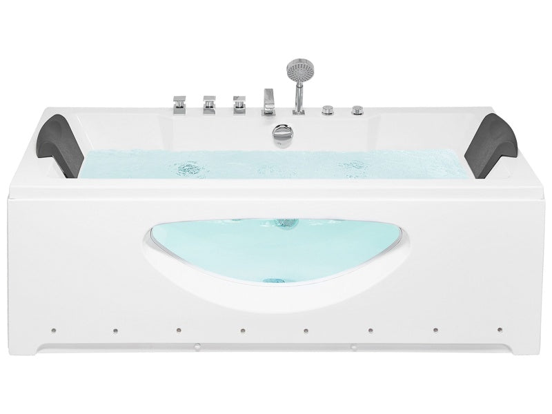 Whirlpool Bath White Sanitary Acrylic Glass Transparent Front with LED Lights Headrests Massage Water Jets 180 x 80 cm Rectangular Hot Tub Beliani