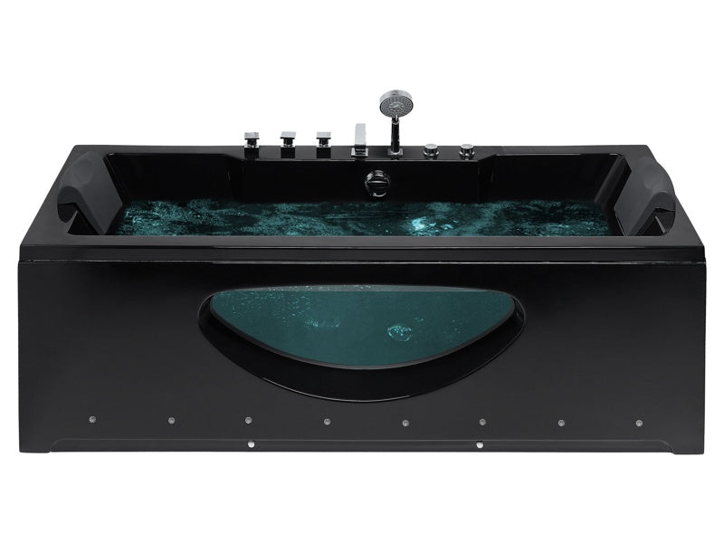 Whirlpool Bath Black Sanitary Acrylic Glass Transparent Front with LED Lights Headrests Massage Water Jets 170 x 80 cm Rectangular Hot Tub Beliani