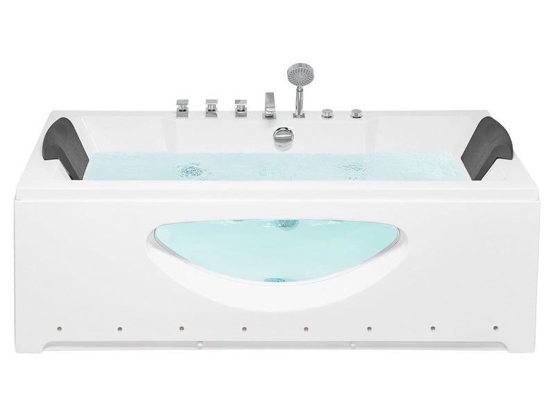 Whirlpool Bath White Sanitary Acrylic Glass Transparent Front with LED Lights Headrests Massage Water Jets 170 x 80 cm Rectangular Hot Tub Beliani