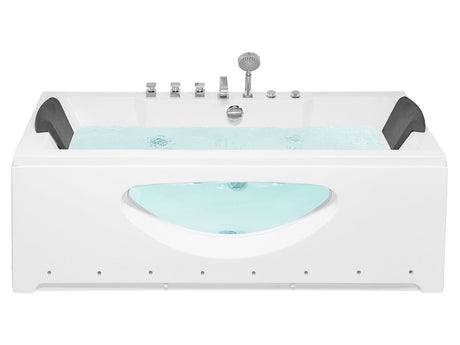 Whirlpool Bath White Sanitary Acrylic Glass Transparent Front with LED Lights Headrests Massage Water Jets 170 x 80 cm Rectangular Hot Tub Beliani