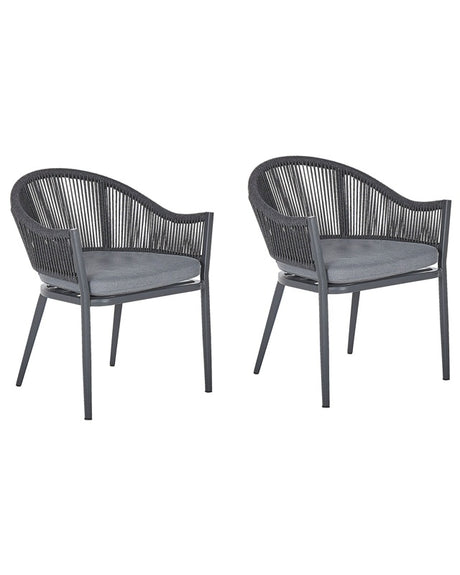 Set of 2 Garden Dining Chairs Grey Metal Frame with Cushions Rope Weaving Design Modern Beliani