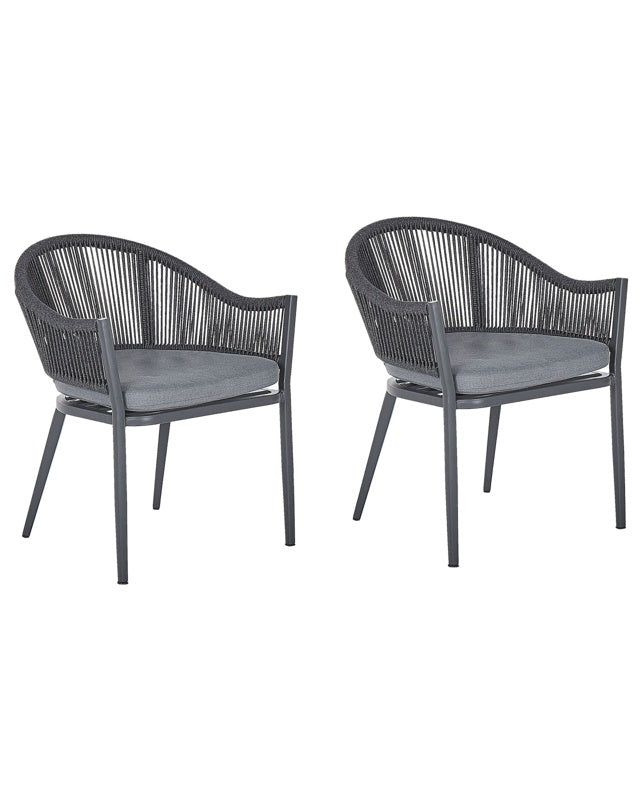 Set of 2 Garden Dining Chairs Grey Metal Frame with Cushions Rope Weaving Design Modern Beliani