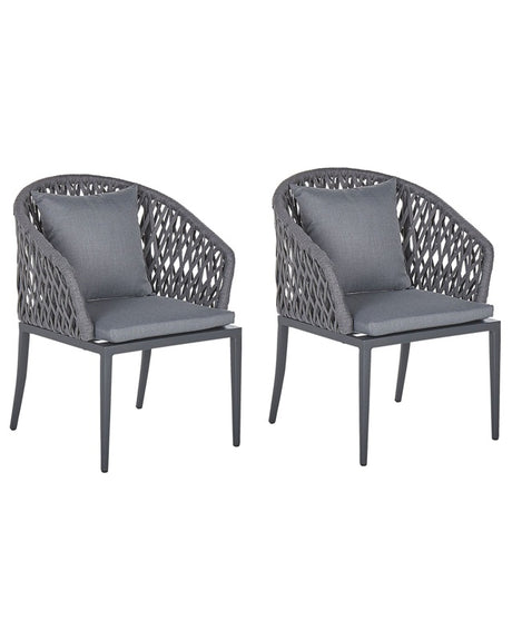 Set of 2 Garden Dining Chairs Grey Metal Frame with Cushions Rope Weaving Design Modern Beliani