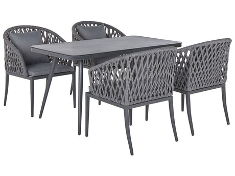 Garden Dining Set 4 Seater Grey Metal Aluminium Matte Finish Outdoor Table 4 Chairs Cushions Modern Beliani