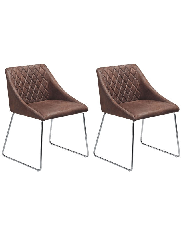 Set of 2 Dining Chairs Brown Faux Leather Chromed Metal Legs Modern Beliani