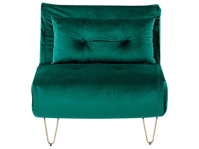 Small Sofa Bed Dark Green Velvet 1 Seater Fold-Out Sleeper Armless With Cushion Metal Gold Legs Glamour Beliani