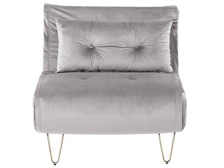 Small Sofa Bed Grey Velvet 1 Seater Fold-Out Sleeper Armless With Cushion Metal Gold Legs Glamour Beliani
