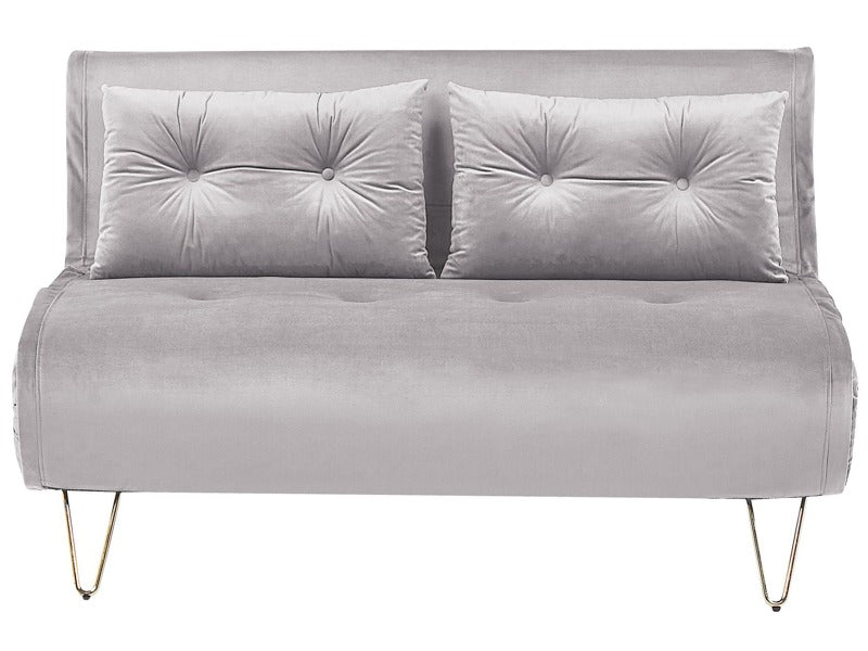 Sofa Bed Grey Velvet 2 Seater Fold-Out Sleeper Armless With 2 Cushions Metal Gold Legs Glamour Beliani