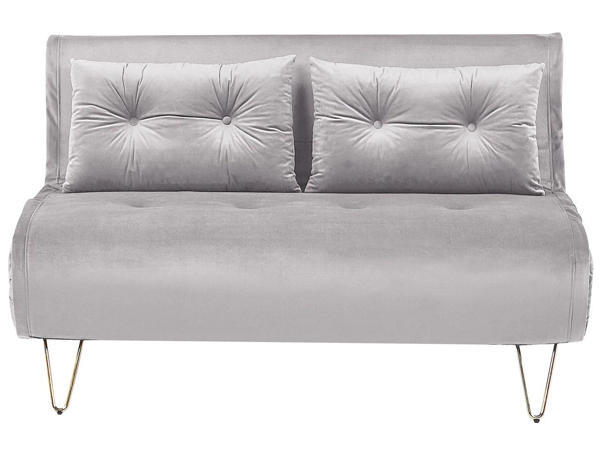 Sofa Bed Grey Velvet 2 Seater Fold-Out Sleeper Armless With 2 Cushions Metal Gold Legs Glamour Beliani