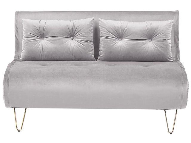 Sofa Bed Grey Velvet 2 Seater Fold-Out Sleeper Armless With 2 Cushions Metal Gold Legs Glamour Beliani