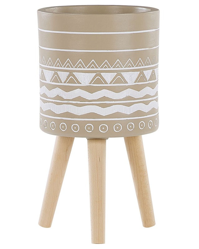 Plant Stand Beige Ceramic Round 30 x 30 cm Solid Wood Legs Modern Scandinavian Tall Plant Pot Planter Beliani