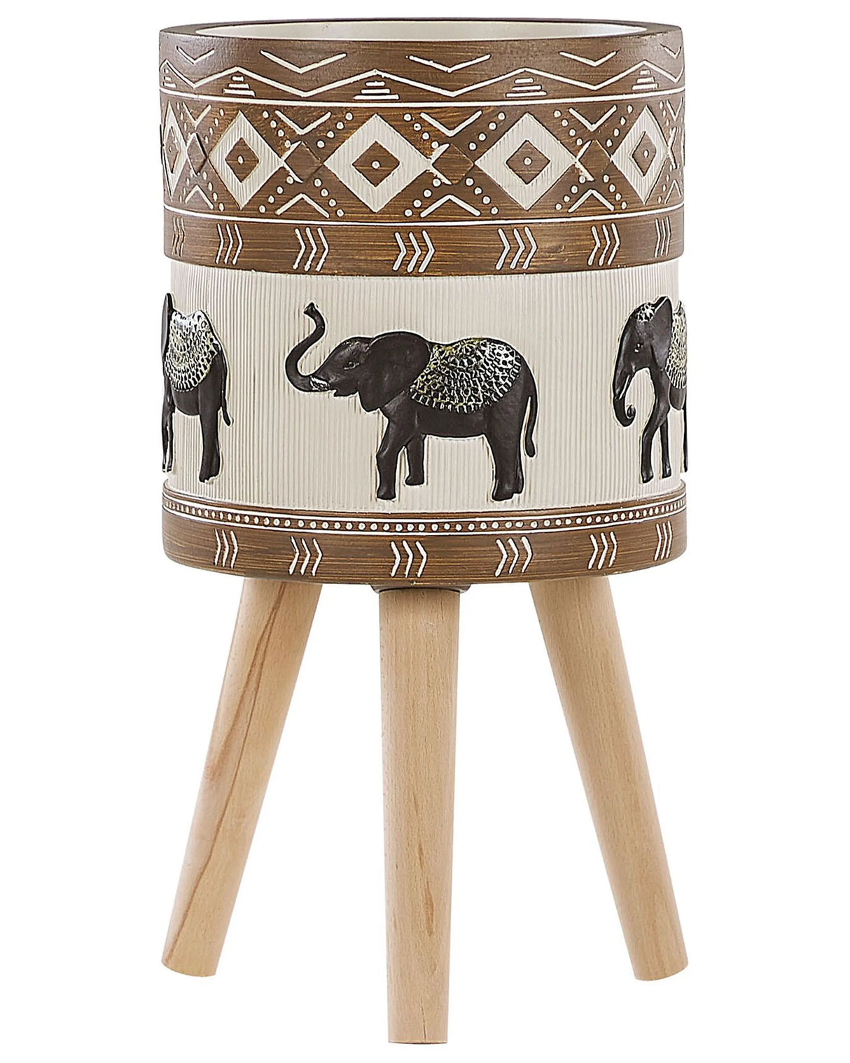Plant Stand Magnesium Round Solid Wood Base Rustic Elephant Motif Tall Plant Pot Planter Beliani