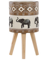 Plant Stand Magnesium Round Solid Wood Base Rustic Elephant Motif Tall Plant Pot Planter Beliani