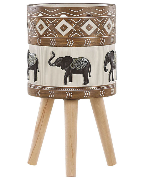 Plant Stand Magnesium Round Solid Wood Base Rustic Elephant Motif Tall Plant Pot Planter Beliani