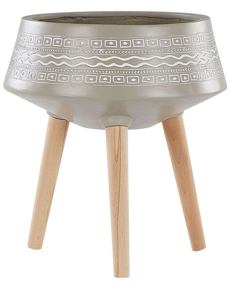 Plant Stand Taupe Ceramic Round 47 x 47 cm Solid Wood Legs Modern Scandinavian Tall Plant Pot Planter Beliani