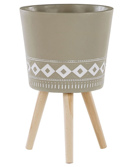 Plant Stand Taupe Ceramic Round 41 x 41 cm Solid Wood Legs Modern Scandinavian Tall Plant Pot Planter Beliani