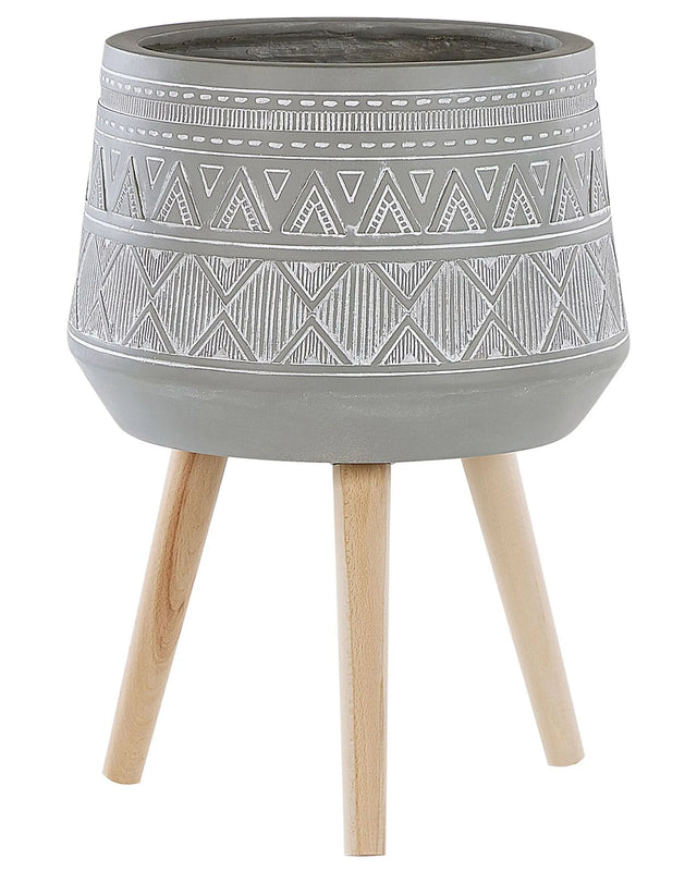 Plant Stand Light Grey Magnesium Round Solid Wood Base Boho Tall Plant Pot Planter Beliani
