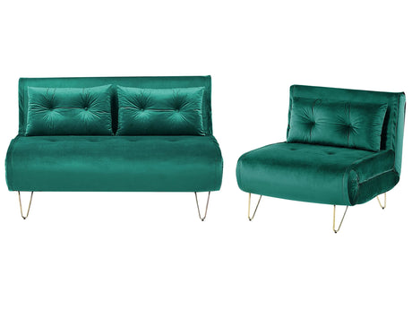 Living Room Set Green Velvet Single and 2 Seater Sofa Bed with Cushions Metal Hairpin Legs Glamour Beliani