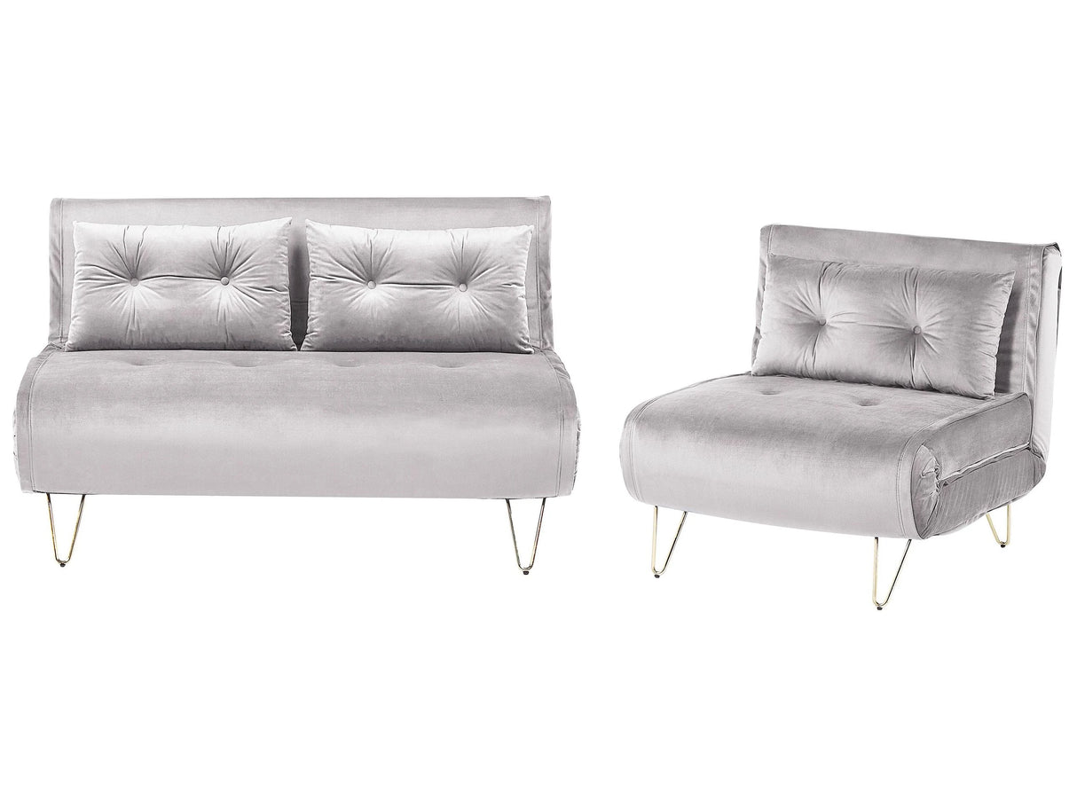 Living Room Set Grey Velvet Single and 2 Seater Sofa Bed with Cushions Metal Hairpin Legs Glamour Beliani