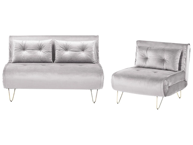 Living Room Set Grey Velvet Single and 2 Seater Sofa Bed with Cushions Metal Hairpin Legs Glamour Beliani